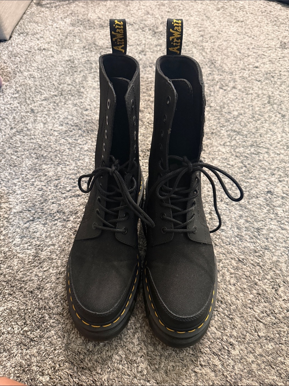 Dr. Martens Black Canvas Lace-Up Combat Boots with Yellow Stitching